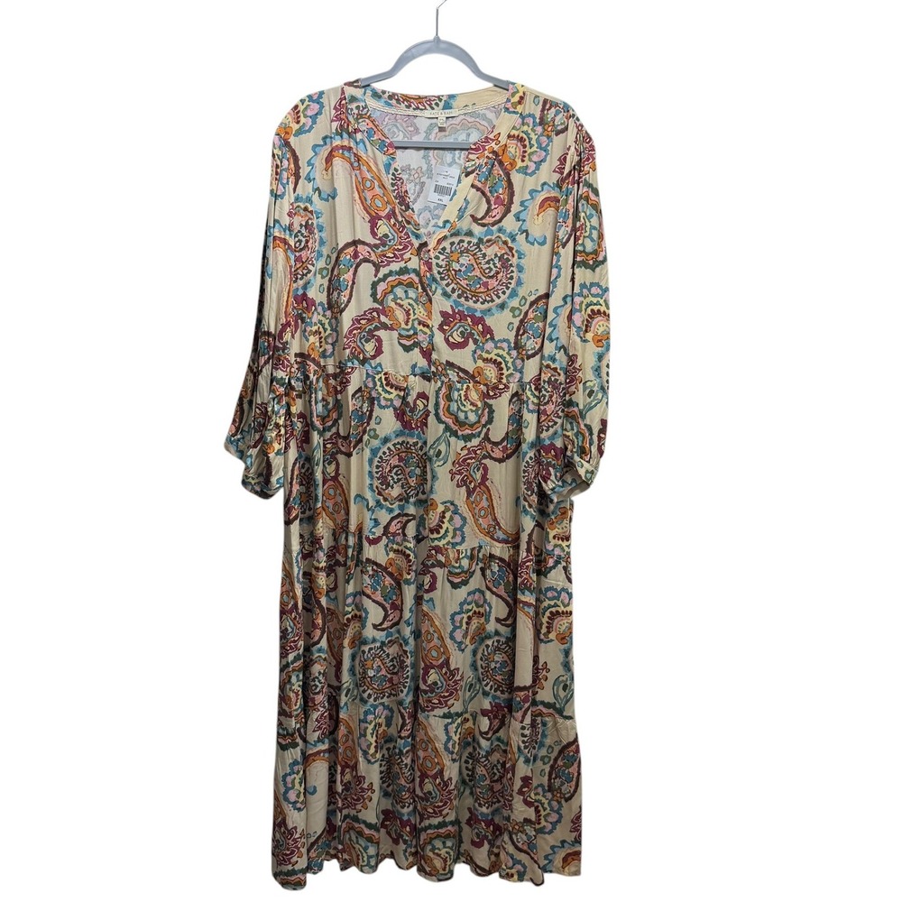 Kate & Sam Womens XXL Tiered Paisley Maxi Dress Multi Rayon Boho Split Neck